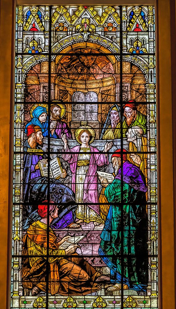 Young Jesus preaching stained glass Gesu Church-Miami-Florida. Built 1920s Glass by Franz Mayer.